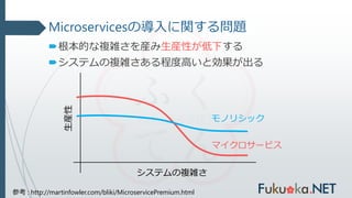 Microservicesの導入に関する問題
根本的な複雑さを産み生産性が低下する
システムの複雑さある程度高いと効果が出る
参考 : http://martinfowler.com/bliki/MicroservicePremium.html
生産性
システムの複雑さ
マイクロサービス
モノリシック
 