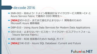 de:code 2016
 SNR-003 - 始めよう! ドメイン駆動設計＆マイクロサービス開発～C# と
Azure Service Fabric で最高の DDD 開発を～
 [NDA]DEV-013 - まだまだ進化が止まらない！ 開発者のための
Microsoft Azure 最新機能
 DBP-010 - Using Azure Data Services for Modern Data Applications
 DEV-016 - 止まらないサービスを～ マイクロサービスプラットフォーム
「Azure Service Fabric」
 ARC-009 - RDB 技術者のための NoSQL ガイド
 [NDA]CHK-010 - Azure SQL Database: Current and Future
 