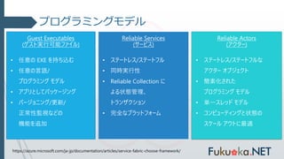 プログラミングモデル
Guest Executables
(ゲスト実行可能ファイル)
• 任意の EXE を持ち込む
• 任意の言語/
プログラミング モデル
• アプリとしてパッケージング
• バージョニング/更新/
正常性監視などの
機能を追加
Reliable Services
(サービス)
• ステートレス/ステートフル
• 同時実行性
• Reliable Collection に
よる状態管理、
トランザクション
• 完全なプラットフォーム
Reliable Actors
(アクター)
• ステートレス/ステートフルな
アクター オブジェクト
• 簡素化された
プログラミング モデル
• 単一スレッド モデル
• コンピューティングと状態の
スケール アウトに最適
https://azure.microsoft.com/ja-jp/documentation/articles/service-fabric-choose-framework/
 