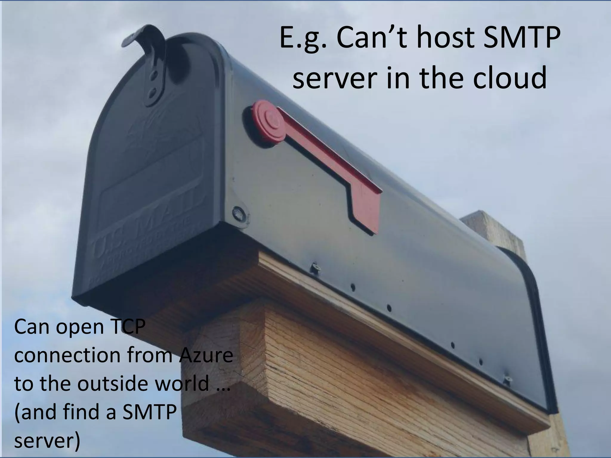 What else?Monitoring Application Lifecycle Management (including system & performance testing) Archiving Authentication and authorization (between tiers as well as of users)CDNsCharging modelConfigurationData Access LayerData encryption Data partitioning Data storage and transactions Dependencies and 3rd party components Deployment, continuous integration & automationDiagnostics, logging & instrumentation Elasticity (dynamic, scheduled, or manual) Geographical co-locationIdempotencyImport/export routines Message security Message size Multi-tenancyNetwork latency Page weightReporting Session state SLAs (availability, performance, etc) SQL features Windows Services & batch jobshttp://blogs.msdn.com/b/simonince/archive/2010/04/13/checklist-discussing-an-azure-migration.aspx