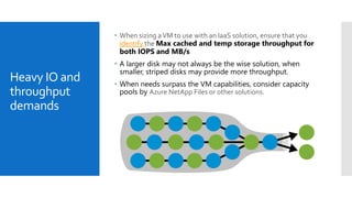 Heavy IO and
throughput
demands
 When sizing aVM to use with an IaaS solution, ensure that you
identify the Max cached and temp storage throughput for
both IOPS and MB/s
 A larger disk may not always be the wise solution, when
smaller, striped disks may provide more throughput.
 When needs surpass the VM capabilities, consider capacity
pools by Azure NetApp Files or other solutions.
 