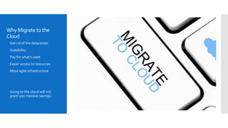 WhyMigrate to the
Cloud
 Get rid of the datacenter
 Scalability
 Pay for what’s used
 Easier access to resources
 More agile infrastructure
 Going to the cloud will not
grant you massive savings.
 