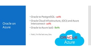 Oracle on
Azure
 Oracle to PostgreSQL- 10%
 Oracle Cloud Infrastructure, (OCI) and Azure
Interconnect- 10%
 Oracle to Azure IaaS- 80%
 Yeah, I’m the last one, btw
 