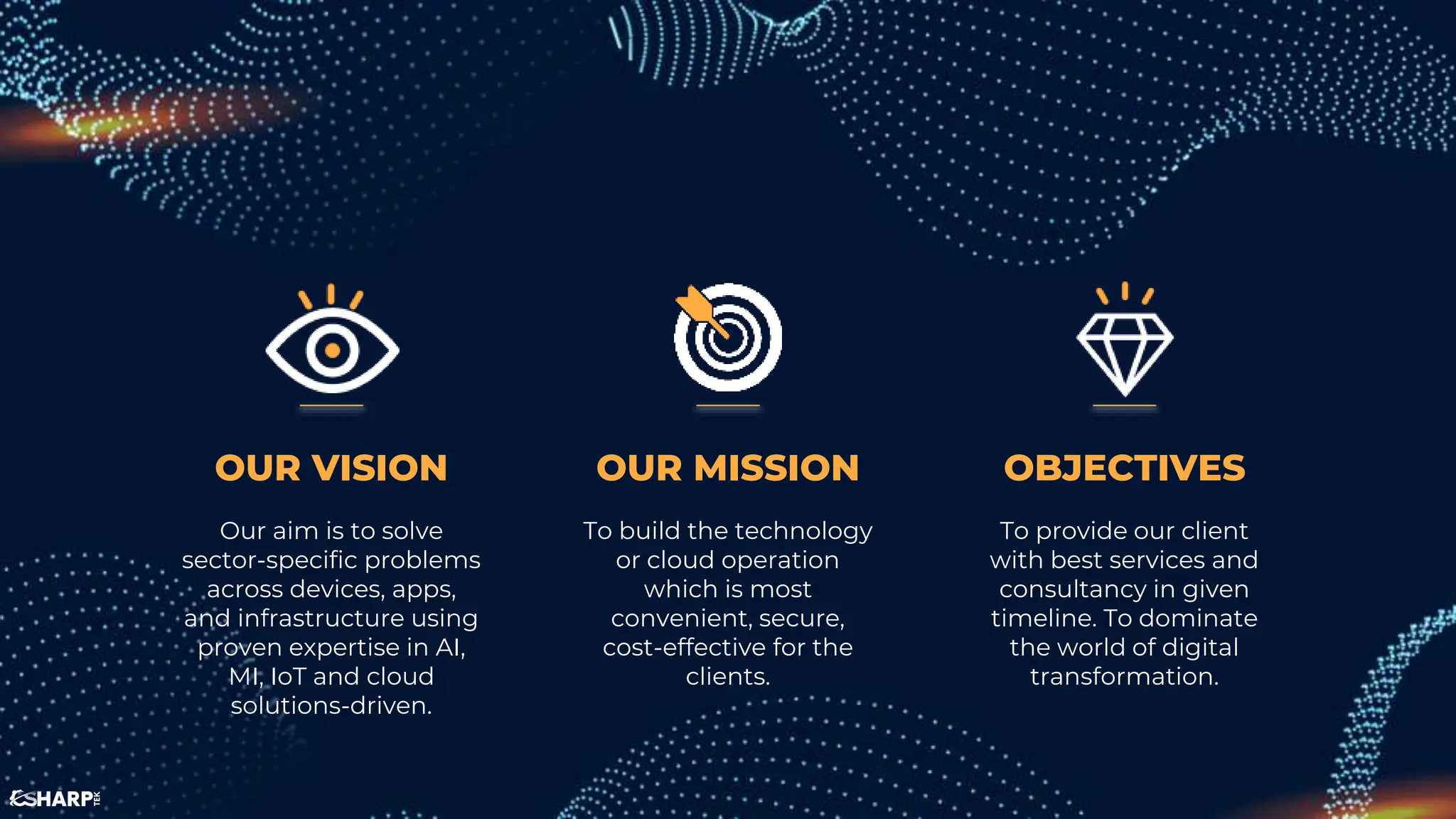 OUR MISSION
To build the technology
or cloud operation
which is most
convenient, secure,
cost-effective for the
clients.
OBJECTIVES
To provide our client
with best services and
consultancy in given
timeline. To dominate
the world of digital
transformation.
OUR VISION
Our aim is to solve
sector-specific problems
across devices, apps,
and infrastructure using
proven expertise in AI,
MI, IoT and cloud
solutions-driven.
 