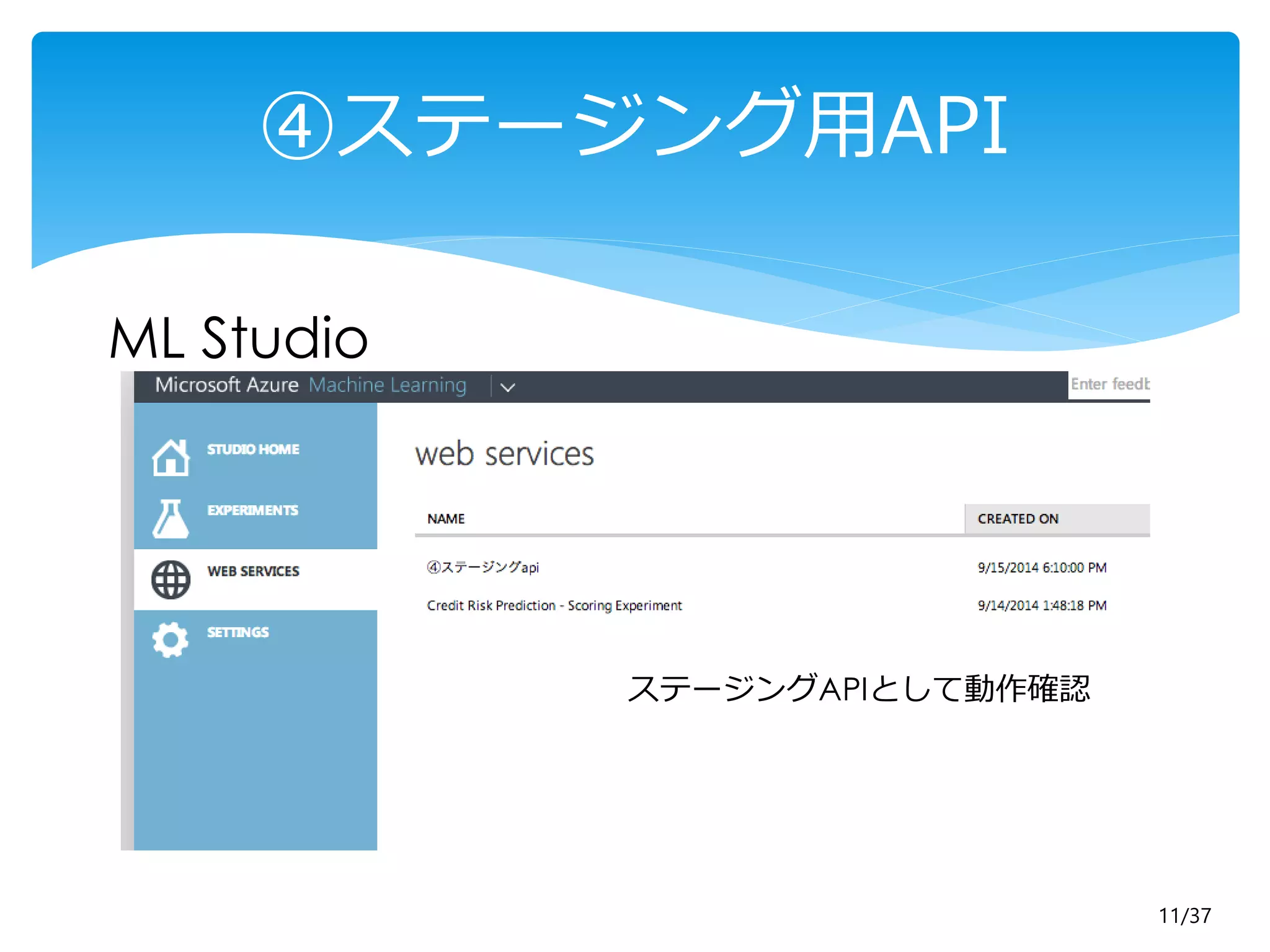 11/37 
④ステージング用API 
ML Studio 
ステージングAPIとして動作確認 
 