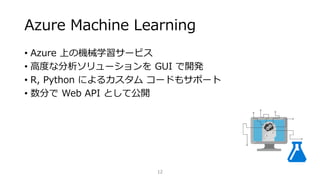 Azure Machine Learning
• Azure 上の機械学習サービス
• 高度な分析ソリューションを GUI で開発
• R, Python によるカスタム コードもサポート
• 数分で Web API として公開
12
 