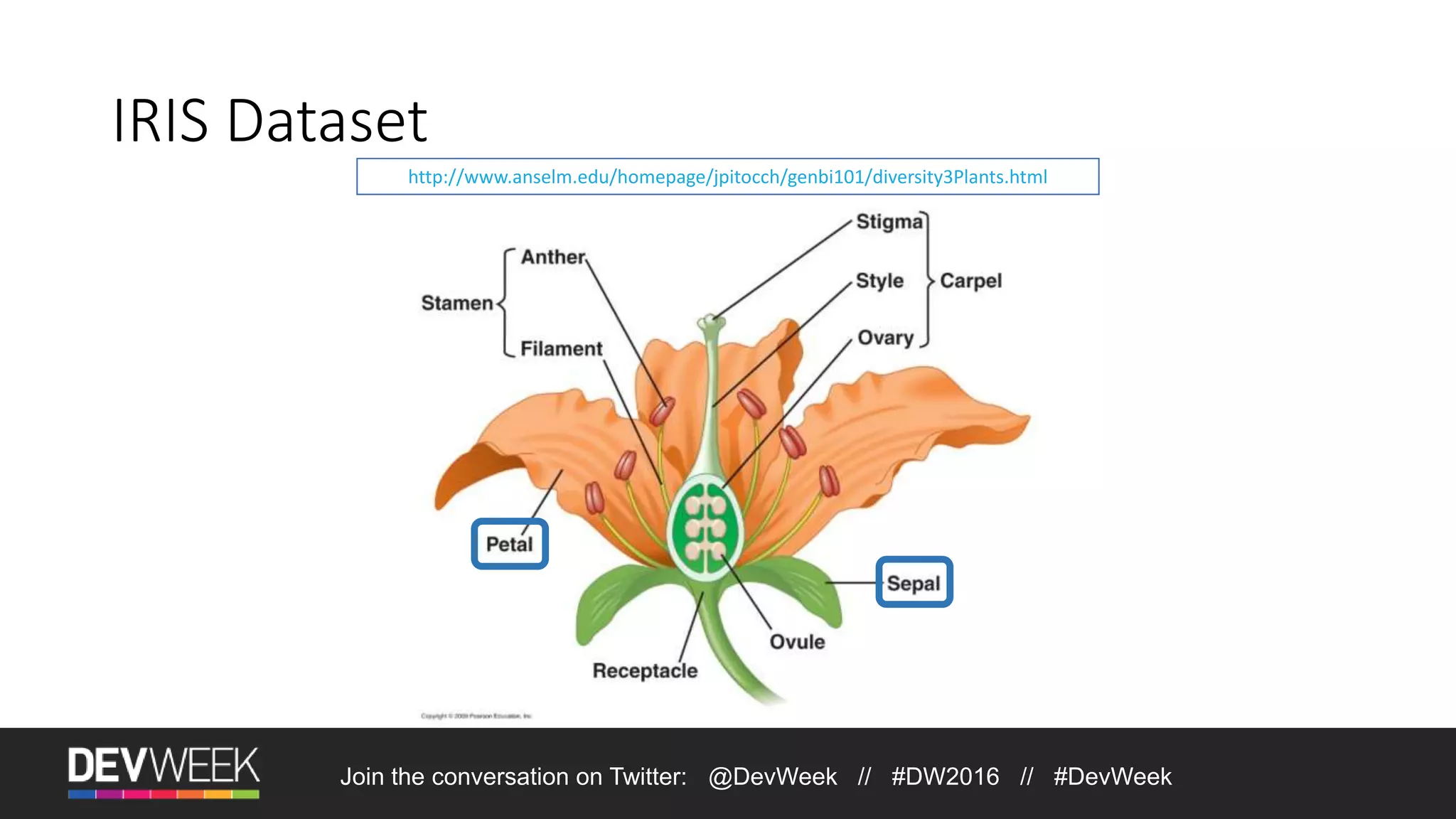 IRIS Dataset http://www.anselm.edu/homepage/jpitocch/genbi101/diversity3Plants.html Join the conversation on Twitter: @DevWeek // #DW2016 // #DevWeek 