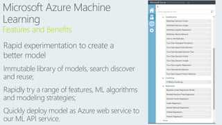 Microsoft Azure Machine
Learning
Features and Benefits
Rapid experimentation to create a
better model
Immutable library of...