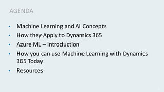 • Machine Learning and AI Concepts
• How they Apply to Dynamics 365
• Azure ML – Introduction
• How you can use Machine Le...