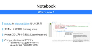 nteract & Monaco Editor  UI ˒
ܥ`C (coming soon)
Python ץȤԄ (coming soon)
Compute Instances 򥨥󥸥
? նʹT줿 Jupyter Notebook
& Jupyter Lab ؤФ椨
 