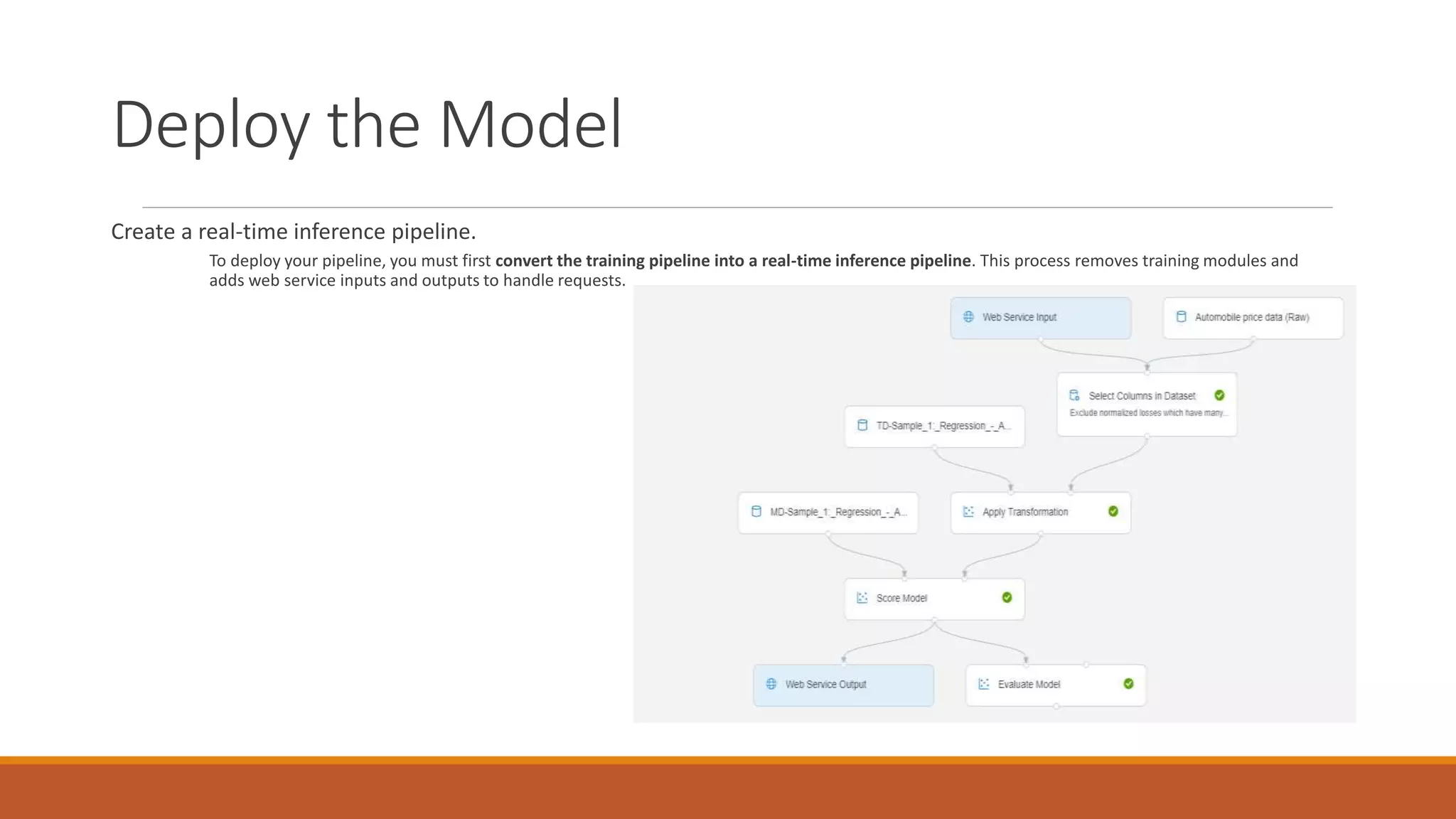 Deploy the Model
Create a real-time inference pipeline.
To deploy your pipeline, you must first convert the training pipeline into a real-time inference pipeline. This process removes training modules and
adds web service inputs and outputs to handle requests.
 