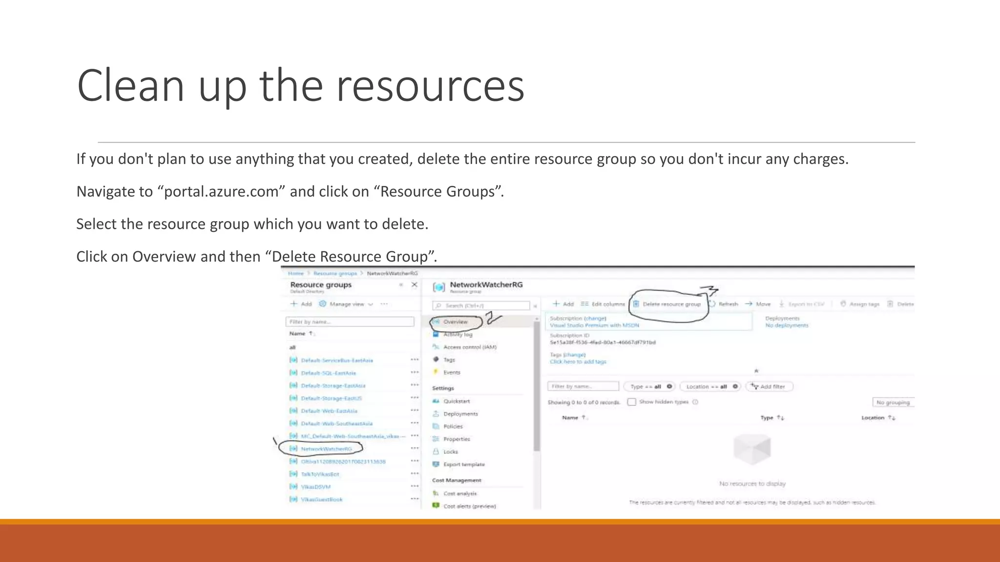 Clean up the resources
If you don't plan to use anything that you created, delete the entire resource group so you don't incur any charges.
Navigate to “portal.azure.com” and click on “Resource Groups”.
Select the resource group which you want to delete.
Click on Overview and then “Delete Resource Group”.
 