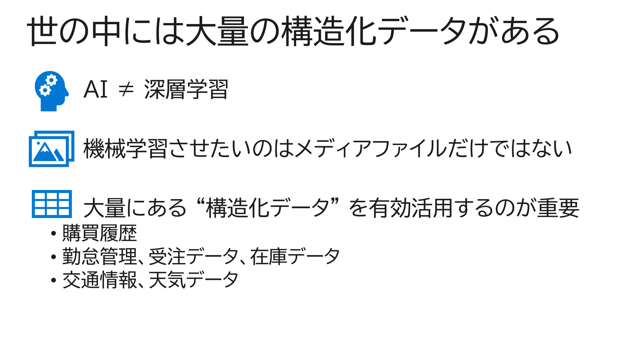 世の中には大量の構造化データがある
AI ≠ 深層学習
機械学習させたいのはメディアファイルだけではない
大量にある “構造化データ” を有効活用するのが重要
• 購買履歴
• 勤怠管理、受注データ、在庫データ
• 交通情報、天気データ
 