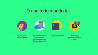 O que todo mundo faz
Armazenamento de
dados em SQL,
Armazenamento de
Tabela e MongoDB
Autenticação e
Single Sign On
Notiﬁcações
personalizadas por
push
Lógica no Servidor
 