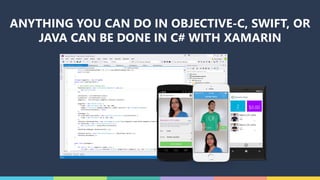 ANYTHING YOU CAN DO IN OBJECTIVE-C, SWIFT, OR
JAVA CAN BE DONE IN C# WITH XAMARIN
 