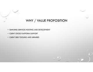 WHY / VALUE PROPOSITION
• SIMPLIFIES SERVICES HOSTING AND DEVELOPMENT
• CLIENT CROSS PLATFORM SUPPORT
• CLIENT SIDE TOOLING AND LIBRARIES