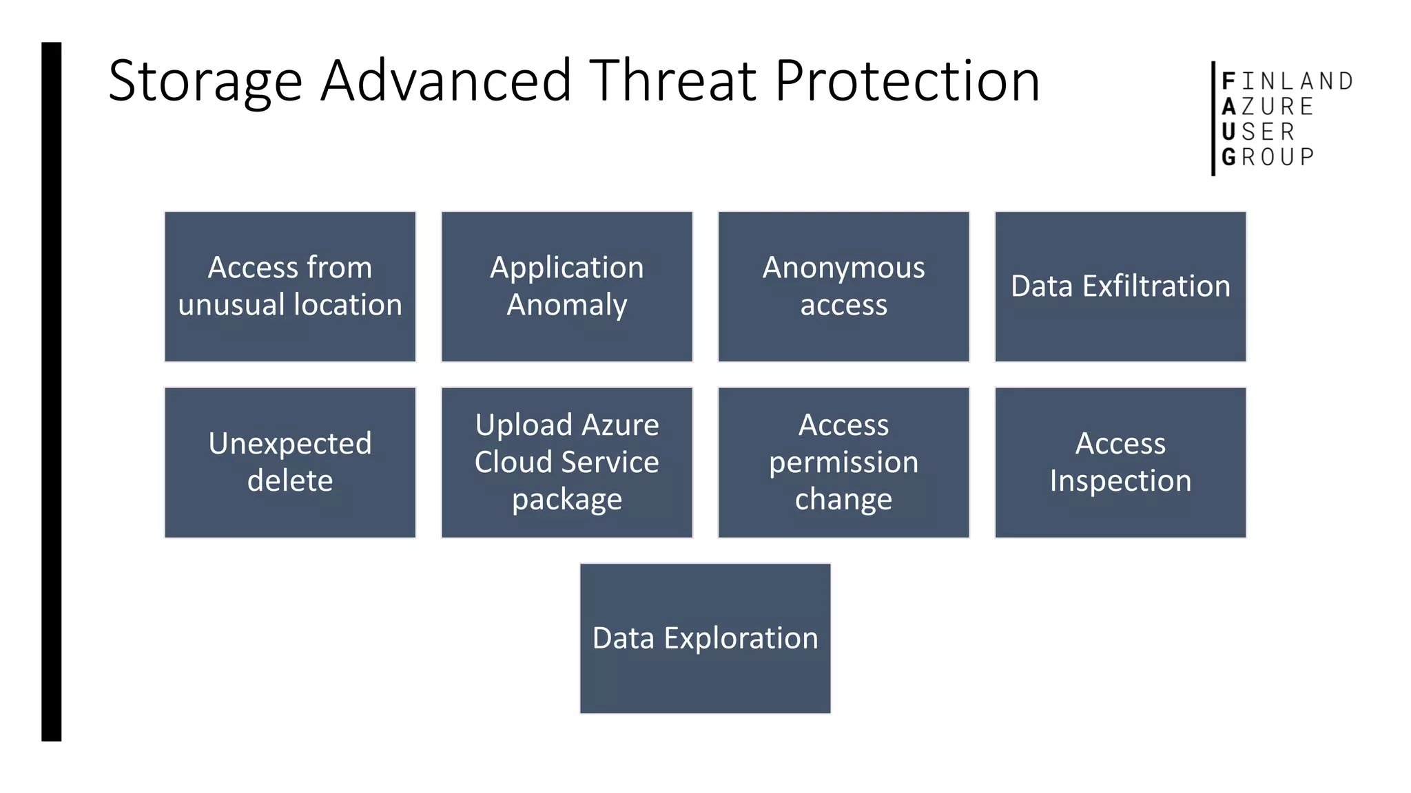 Storage Advanced Threat Protection
Access from
unusual location
Application
Anomaly
Anonymous
access
Data Exfiltration
Unexpected
delete
Upload Azure
Cloud Service
package
Access
permission
change
Access
Inspection
Data Exploration
 