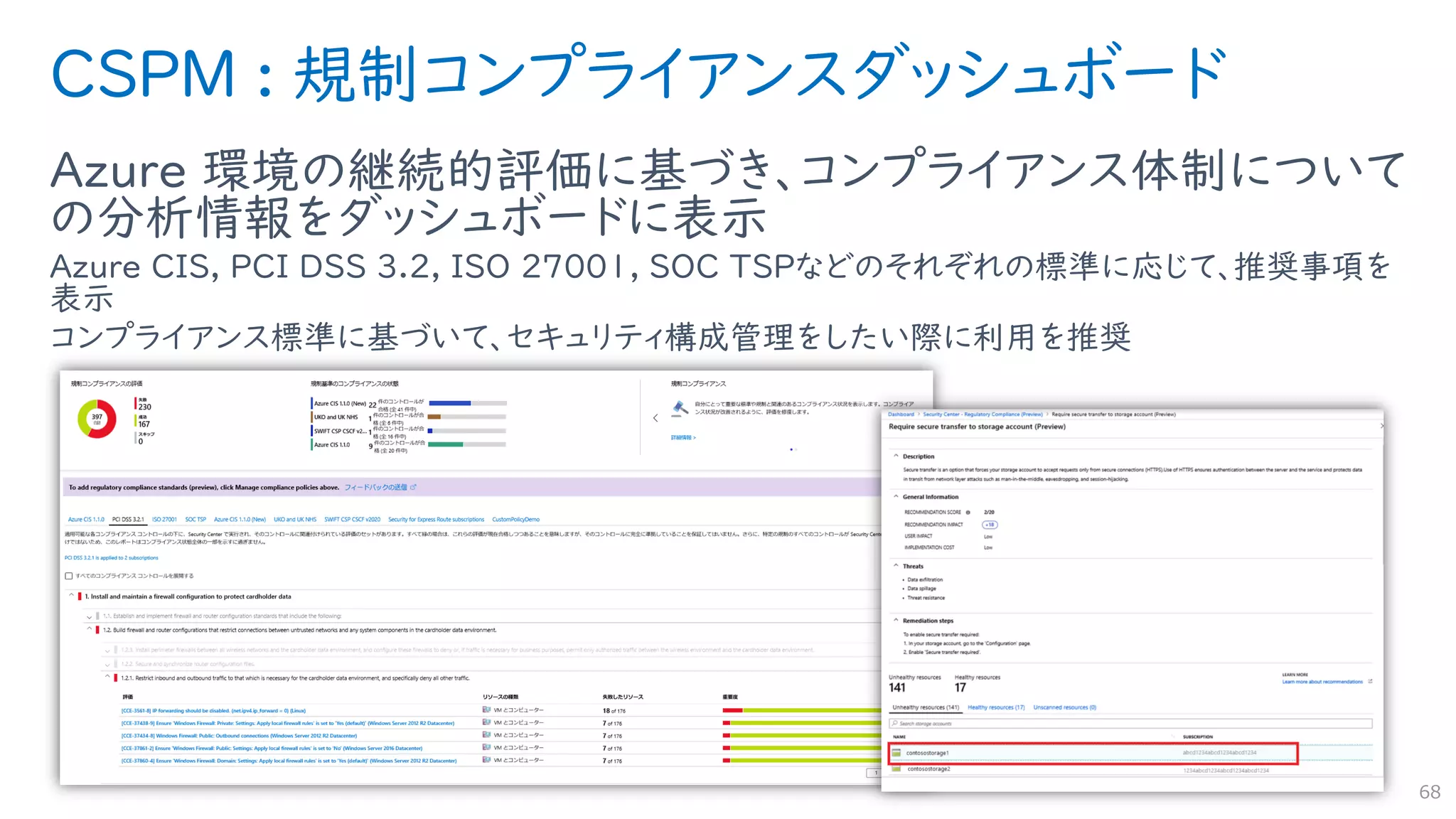 CSPM : 規制コンプライアンスダッシュボード
Azure 環境の継続的評価に基づき、コンプライアンス体制について
の分析情報をダッシュボードに表示
Azure CIS, PCI DSS 3.2, ISO 27001, SOC TSPなどのそれぞれの標準に応じて、推奨事項を
表示
コンプライアンス標準に基づいて、セキュリティ構成管理をしたい際に利用を推奨
68
 
