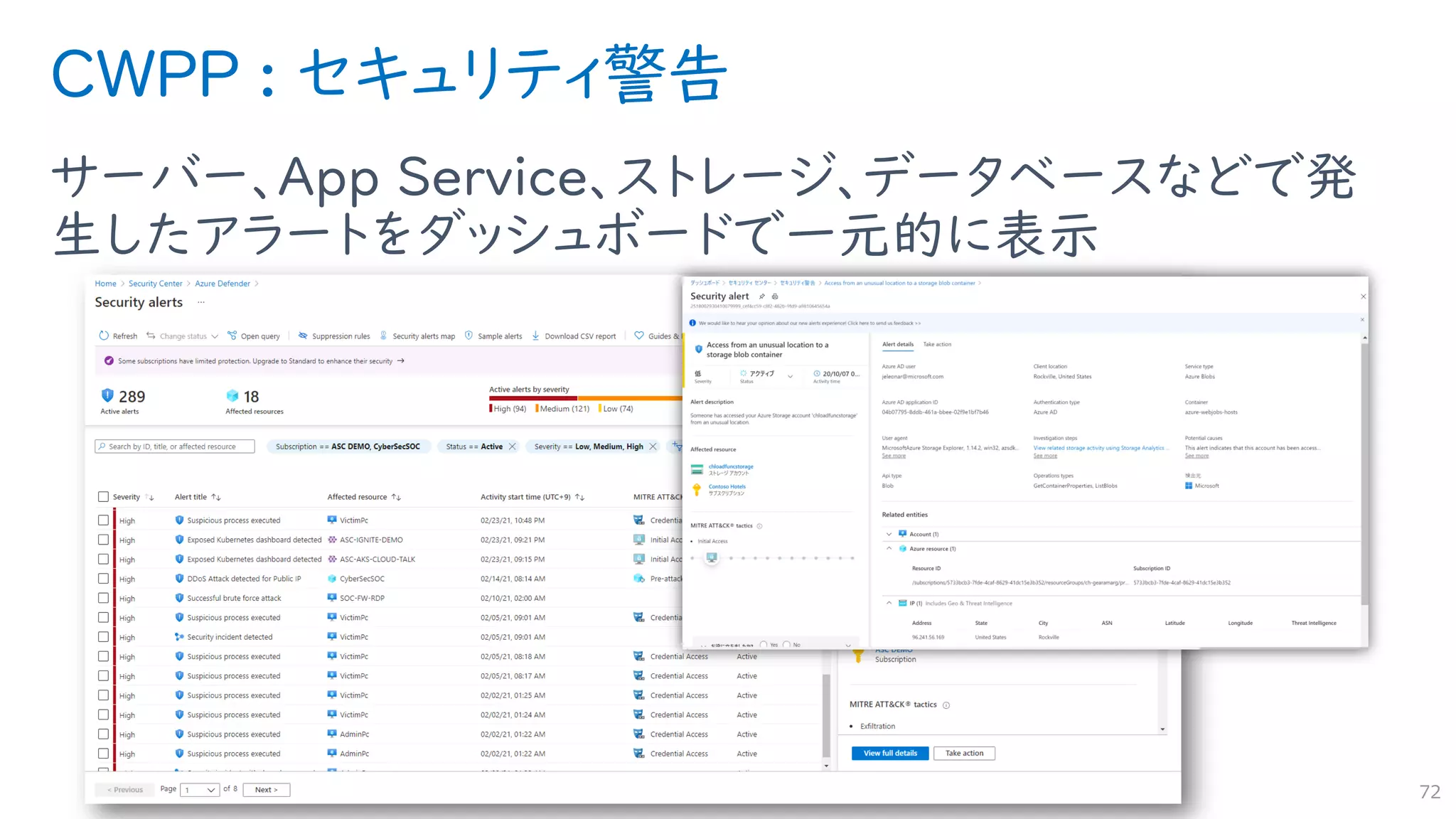 CWPP : セキュリティ警告
サーバー、App Service、ストレージ、データベースなどで発
生したアラートをダッシュボードで一元的に表示
72
 