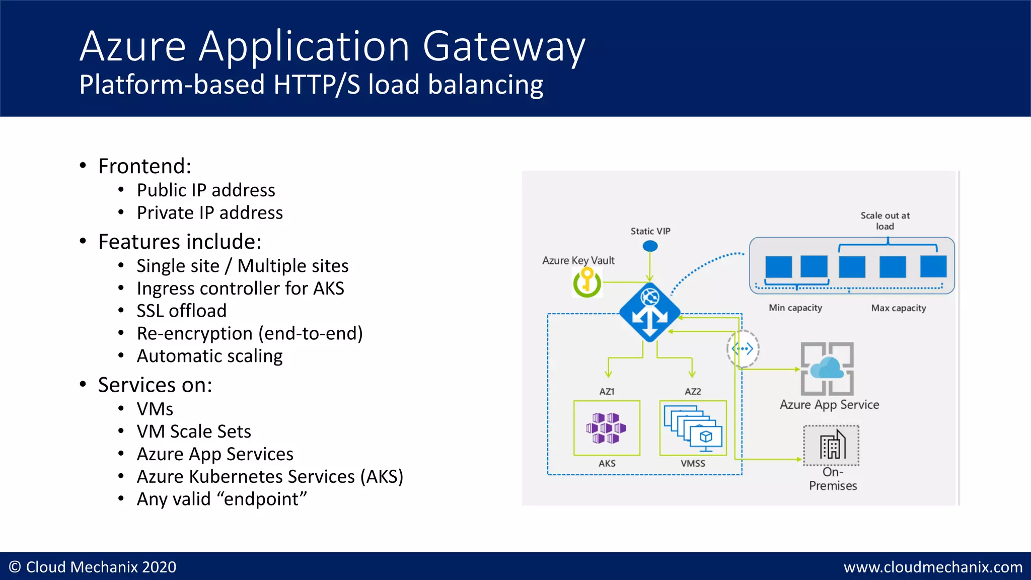 © Cloud Mechanix 2020 www.cloudmechanix.com
• Frontend:
• Public IP address
• Private IP address
• Features include:
• Single site / Multiple sites
• Ingress controller for AKS
• SSL offload
• Re-encryption (end-to-end)
• Automatic scaling
• Services on:
• VMs
• VM Scale Sets
• Azure App Services
• Azure Kubernetes Services (AKS)
• Any valid “endpoint”
Azure Application Gateway
Platform-based HTTP/S load balancing
 