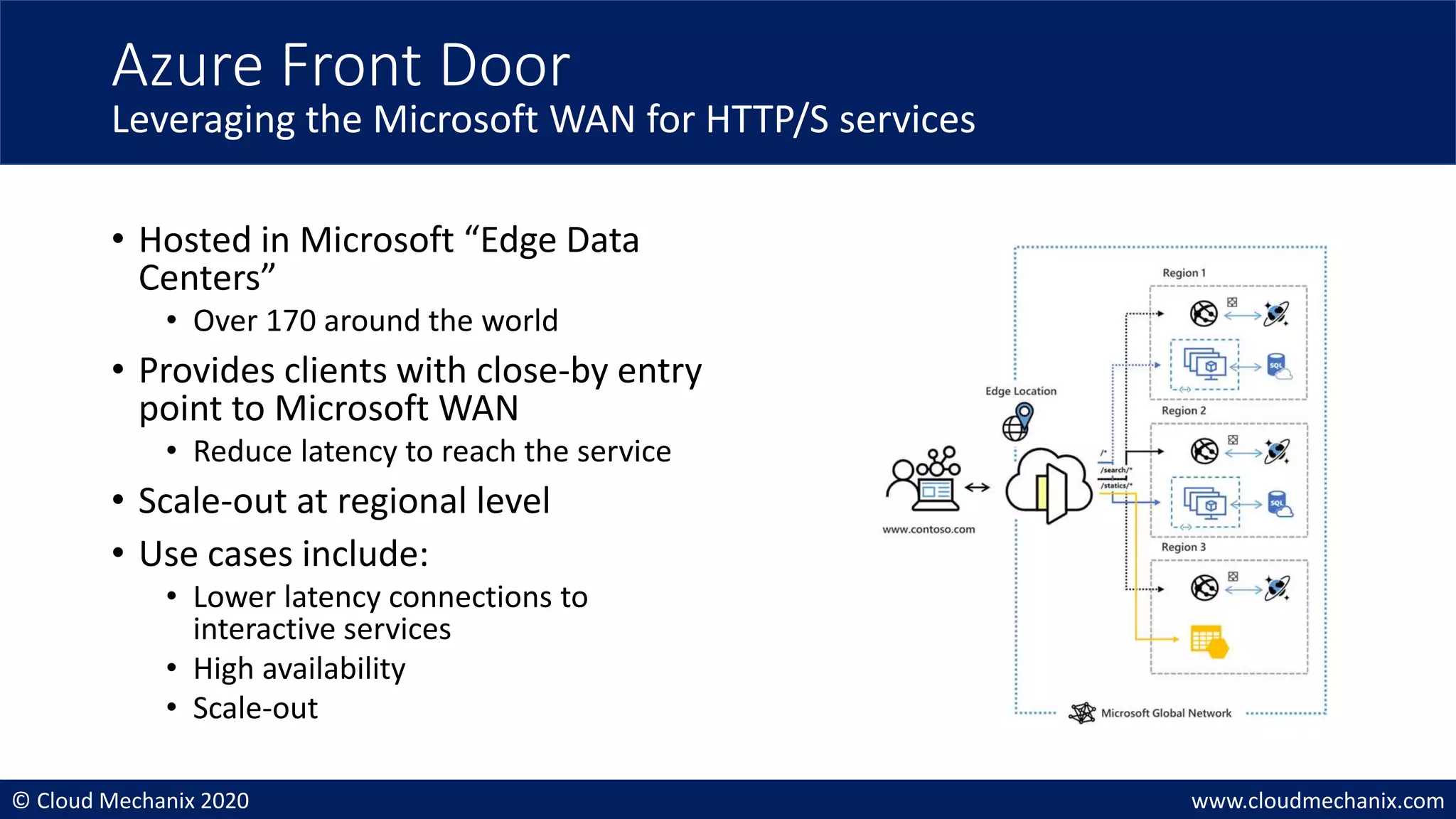 © Cloud Mechanix 2020 www.cloudmechanix.com
• Hosted in Microsoft “Edge Data
Centers”
• Over 170 around the world
• Provides clients with close-by entry
point to Microsoft WAN
• Reduce latency to reach the service
• Scale-out at regional level
• Use cases include:
• Lower latency connections to
interactive services
• High availability
• Scale-out
Azure Front Door
Leveraging the Microsoft WAN for HTTP/S services
 