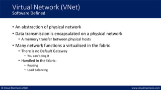 © Cloud Mechanix 2020 www.cloudmechanix.com
• An abstraction of physical network
• Data transmission is encapsulated on a physical network
• A memory transfer between physical hosts
• Many network functions a virtualised in the fabric
• There is no Default Gateway
• You can’t ping it
• Handled in the fabric:
• Routing
• Load balancing
Virtual Network (VNet)
Software Defined
 