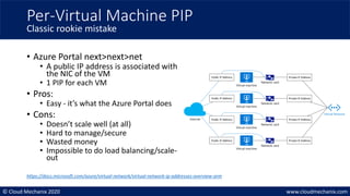 © Cloud Mechanix 2020 www.cloudmechanix.com
• Azure Portal next>next>net
• A public IP address is associated with
the NIC of the VM
• 1 PIP for each VM
• Pros:
• Easy - it’s what the Azure Portal does
• Cons:
• Doesn’t scale well (at all)
• Hard to manage/secure
• Wasted money
• Impossible to do load balancing/scale-
out
Per-Virtual Machine PIP
Classic rookie mistake
Internet
Virtual machine
Network card
Virtual Network
Public IP Address Private IP Address
Virtual machine
Network card
Public IP Address Private IP Address
Virtual machine
Network card
Public IP Address Private IP Address
Virtual machine
Network card
Public IP Address Private IP Address
https://docs.microsoft.com/azure/virtual-network/virtual-network-ip-addresses-overview-arm
 