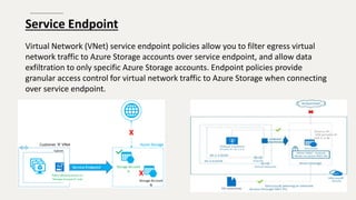 Service Endpoint
Virtual Network (VNet) service endpoint policies allow you to filter egress virtual
network traffic to Azure Storage accounts over service endpoint, and allow data
exfiltration to only specific Azure Storage accounts. Endpoint policies provide
granular access control for virtual network traffic to Azure Storage when connecting
over service endpoint.
 