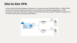 Site-to-Site VPN
A Site-to-Site (S2S) VPN gateway connection is a connection over IPsec/IKE (IKEv1 or IKEv2) VPN
tunnel. S2S connections can be used for cross-premises and hybrid configurations. A S2S
connection requires a VPN device located on-premises that has a public IP address assigned to it.
For information about selecting a VPN device
 