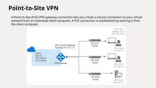 Point-to-Site VPN
A Point-to-Site (P2S) VPN gateway connection lets you create a secure connection to your virtual
network from an individual client computer. A P2S connection is established by starting it from
the client computer.
 