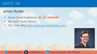 ABOUT ME
• Azure Cloud Enablement @
• Microsoft Azure Advisor
• ACE Team Blog http://www.azurefieldnotes.com/
James Rooke
@AzureFieldNotes linkedin.com/in/james-rooke-a3572629/azurefieldnotes.com
 