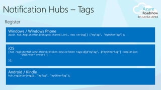 Register
await new string[] {"myTag", "myOtherTag"}
[hub registerNativeWithDeviceToken:deviceToken tags:@[@"myTag", @"myOtherTag"] completion:
^(NSError* error) {
…
}];
hub.register(regid, "myTag“, "myOtherTag");
 
