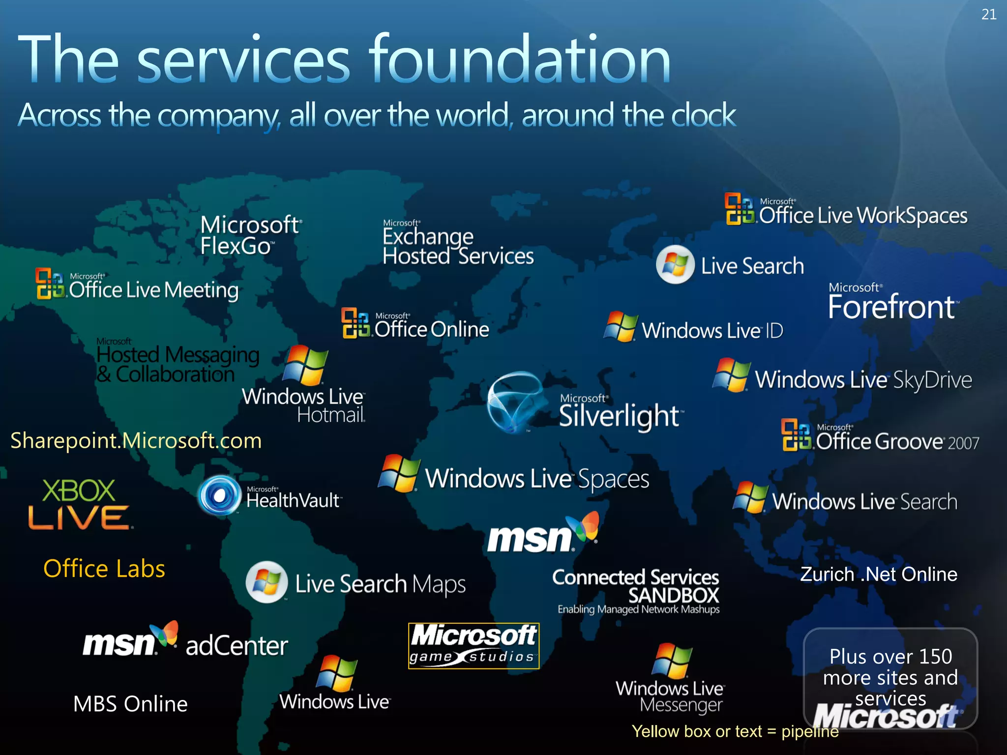 21




Sharepoint.Microsoft.com




   Office Labs                                    Zurich .Net Online



                                                     Plus over 150
                                                     more sites and
     MBS Online                                         services
                           Yellow box or text = pipeline
 