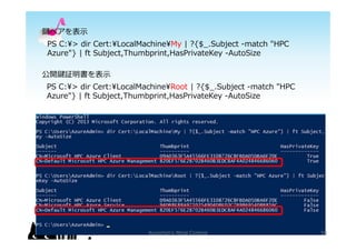 PS C:?> dir Cert:?LocalMachine?My | ?{$_.Subject -match "HPC
Azure"} | ft Subject,Thumbprint,HasPrivateKey -AutoSize
PS C:?> dir Cert:?LocalMachine?Root | ?{$_.Subject -match "HPC
Azure"} | ft Subject,Thumbprint,HasPrivateKey -AutoSize
_I^?
Iڥ?
Kurochin's Mind Control 59
 