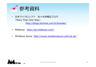 οY
? ?ޥե ??֥
More Than One Way
http://blogs.technet.com/b/ksasaki/
? Mellanox http://jp.mellanox.com/
? Windows Azure http://www.windowsazure.com/ja-jp/
82Kurochin's Mind Control
 
