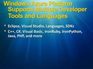 Windows Azure Platform,[object Object],Supports Multiple Developer Tools and Languages,[object Object],Eclipse, Visual Studio, Languages, SDKs,[object Object],C++, C#, Visual Basic, IronRuby, IronPython, Java, PHP, and more,[object Object]