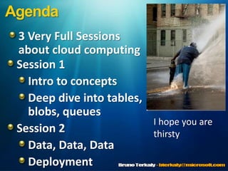Agenda,[object Object],3 Very Full Sessions about cloud computing,[object Object],Session 1 ,[object Object],Intro to concepts,[object Object],Deep dive into tables, blobs, queues,[object Object],Session 2,[object Object],Data, Data, Data,[object Object],Deployment,[object Object],I hope you are thirsty,[object Object]