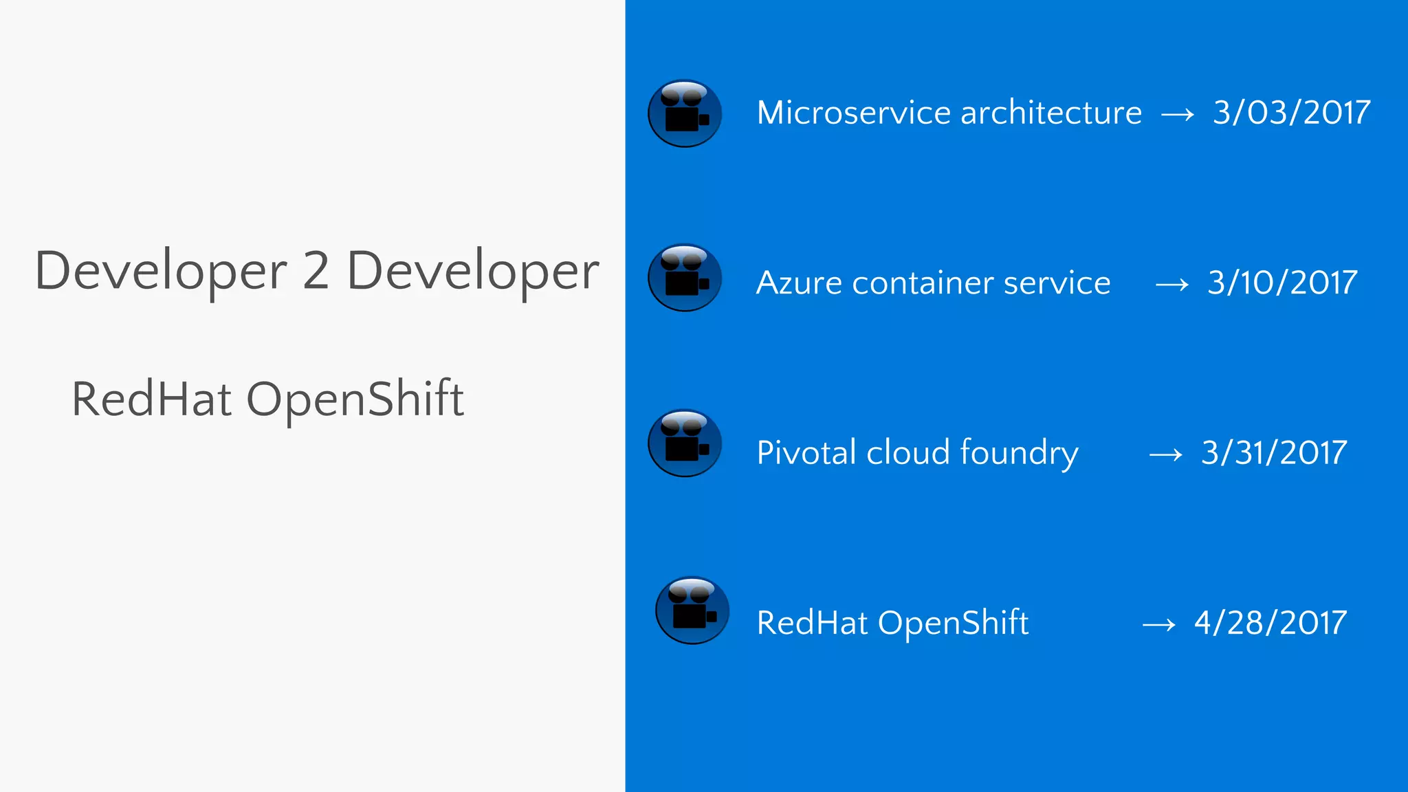 Microservice architecture → 3/03/2017
Azure container service → 3/10/2017
Pivotal cloud foundry → 3/31/2017
RedHat OpenShift → 4/28/2017
Developer 2 Developer
RedHat OpenShift
 