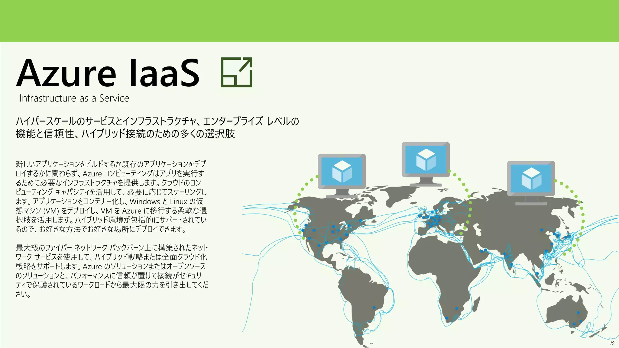 Azure IaaS
ハイパースケールのサービスとインフラストラクチャ、エンタープライズ レベルの
機能と信頼性、ハイブリッド接続のための多くの選択肢
新しいアプリケーションをビルドするか既存のアプリケーションをデプ
ロイするかに関わらず、Azure コンピューティングはアプリを実行す
るために必要なインフラストラクチャを提供します。クラウドのコン
ピューティング キャパシティを活用して、必要に応じてスケーリングし
ます。アプリケーションをコンテナー化し、Windows と Linux の仮
想マシン (VM) をデプロイし、VM を Azure に移行する柔軟な選
択肢を活用します。ハイブリッド環境が包括的にサポートされてい
るので、お好きな方法でお好きな場所にデプロイできます。
最大級のファイバー ネットワーク バックボーン上に構築されたネット
ワーク サービスを使用して、ハイブリッド戦略または全面クラウド化
戦略をサポートします。Azure のソリューションまたはオープンソース
のソリューションと、パフォーマンスに信頼が置けて接続がセキュリ
ティで保護されているワークロードから最大限の力を引き出してくだ
さい。
Infrastructure as a Service
10
 