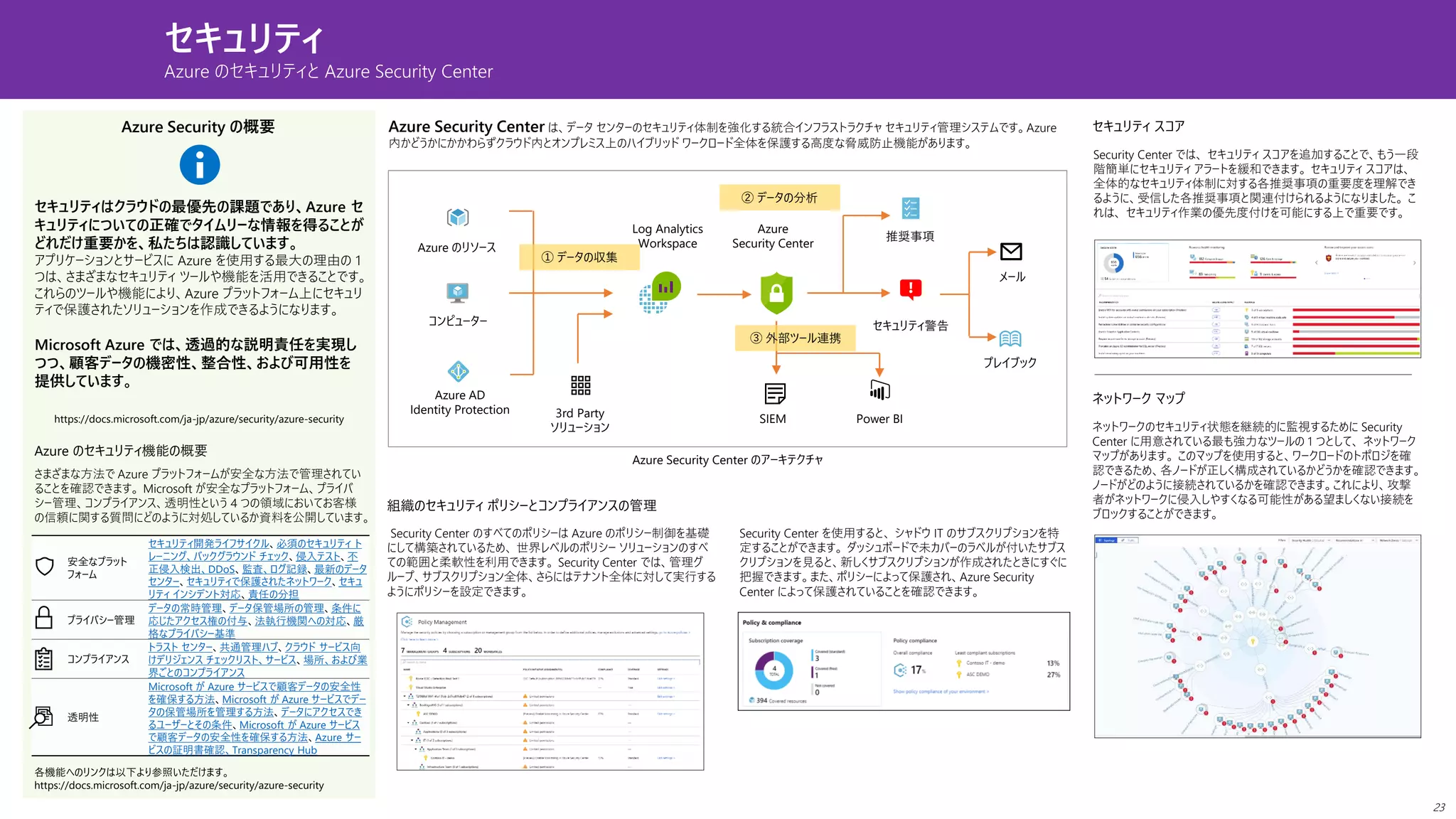 13セキュリティ
Azure のセキュリティと Azure Security Center
セキュリティはクラウドの最優先の課題であり、Azure セ
キュリティについての正確でタイムリーな情報を得ることが
どれだけ重要かを、私たちは認識しています。
アプリケーションとサービスに Azure を使用する最大の理由の 1
つは、さまざまなセキュリティ ツールや機能を活用できることです。
これらのツールや機能により、Azure プラットフォーム上にセキュリ
ティで保護されたソリューションを作成できるようになります。
さまざまな方法で Azure プラットフォームが安全な方法で管理されてい
ることを確認できます。 Microsoft が安全なプラットフォーム、プライバ
シー管理、コンプライアンス、透明性という 4 つの領域においてお客様
の信頼に関する質問にどのように対処しているか資料を公開しています。
Azure のリソース
コンピューター
Azure AD
Identity Protection
Azure
Security Center
3rd Party
ソリューション
Log Analytics
Workspace
SIEM Power BI
セキュリティ警告
推奨事項
メール
プレイブック
Azure Security Center のアーキテクチャ
① データの収集
② データの分析
③ 外部ツール連携
Azure Security Center は、データ センターのセキュリティ体制を強化する統合インフラストラクチャ セキュリティ管理システムです。Azure
内かどうかにかかわらずクラウド内とオンプレミス上のハイブリッド ワークロード全体を保護する高度な脅威防止機能があります。
Microsoft Azure では、透過的な説明責任を実現し
つつ、顧客データの機密性、整合性、および可用性を
提供しています。
Azure のセキュリティ機能の概要
各機能へのリンクは以下より参照いただけます。
https://docs.microsoft.com/ja-jp/azure/security/azure-security
安全なプラット
フォーム
セキュリティ開発ライフサイクル、必須のセキュリティ ト
レーニング、バックグラウンド チェック、侵入テスト、不
正侵入検出、DDoS、監査、ログ記録、最新のデータ
センター、セキュリティで保護されたネットワーク、セキュ
リティ インシデント対応、責任の分担
プライバシー管理
データの常時管理、データ保管場所の管理、条件に
応じたアクセス権の付与、法執行機関への対応、厳
格なプライバシー基準
コンプライアンス
トラスト センター、共通管理ハブ、クラウド サービス向
けデリジェンス チェックリスト、サービス、場所、および業
界ごとのコンプライアンス
透明性
Microsoft が Azure サービスで顧客データの安全性
を確保する方法、Microsoft が Azure サービスでデー
タの保管場所を管理する方法、データにアクセスでき
るユーザーとその条件、Microsoft が Azure サービス
で顧客データの安全性を確保する方法、Azure サー
ビスの証明書確認、Transparency Hub
https://docs.microsoft.com/ja-jp/azure/security/azure-security
組織のセキュリティ ポリシーとコンプライアンスの管理
Security Center のすべてのポリシーは Azure のポリシー制御を基礎
にして構築されているため、 世界レベルのポリシー ソリューションのすべ
ての範囲と柔軟性を利用できます。 Security Center では、管理グ
ループ、サブスクリプション全体、さらにはテナント全体に対して実行する
ようにポリシーを設定できます。
Security Center を使用すると、 シャドウ IT のサブスクリプションを特
定することができます。 ダッシュボードで未カバーのラベルが付いたサブス
クリプションを見ると、新しくサブスクリプションが作成されたときにすぐに
把握できます。また、ポリシーによって保護され、Azure Security
Center によって保護されていることを確認できます。
セキュリティ スコア
Security Center では、 セキュリティ スコアを追加することで、もう一段
階簡単にセキュリティ アラートを緩和できます。 セキュリティ スコアは、
全体的なセキュリティ体制に対する各推奨事項の重要度を理解でき
るように、受信した各推奨事項と関連付けられるようになりました。 こ
れは、 セキュリティ作業の優先度付けを可能にする上で重要です。
ネットワーク マップ
ネットワークのセキュリティ状態を継続的に監視するために Security
Center に用意されている最も強力なツールの 1 つとして、 ネットワーク
マップがあります。 このマップを使用すると、ワークロードのトポロジを確
認できるため、各ノードが正しく構成されているかどうかを確認できます。
ノードがどのように接続されているかを確認できます。これにより、攻撃
者がネットワークに侵入しやすくなる可能性がある望ましくない接続を
ブロックすることができます。
Azure Security の概要
23
 