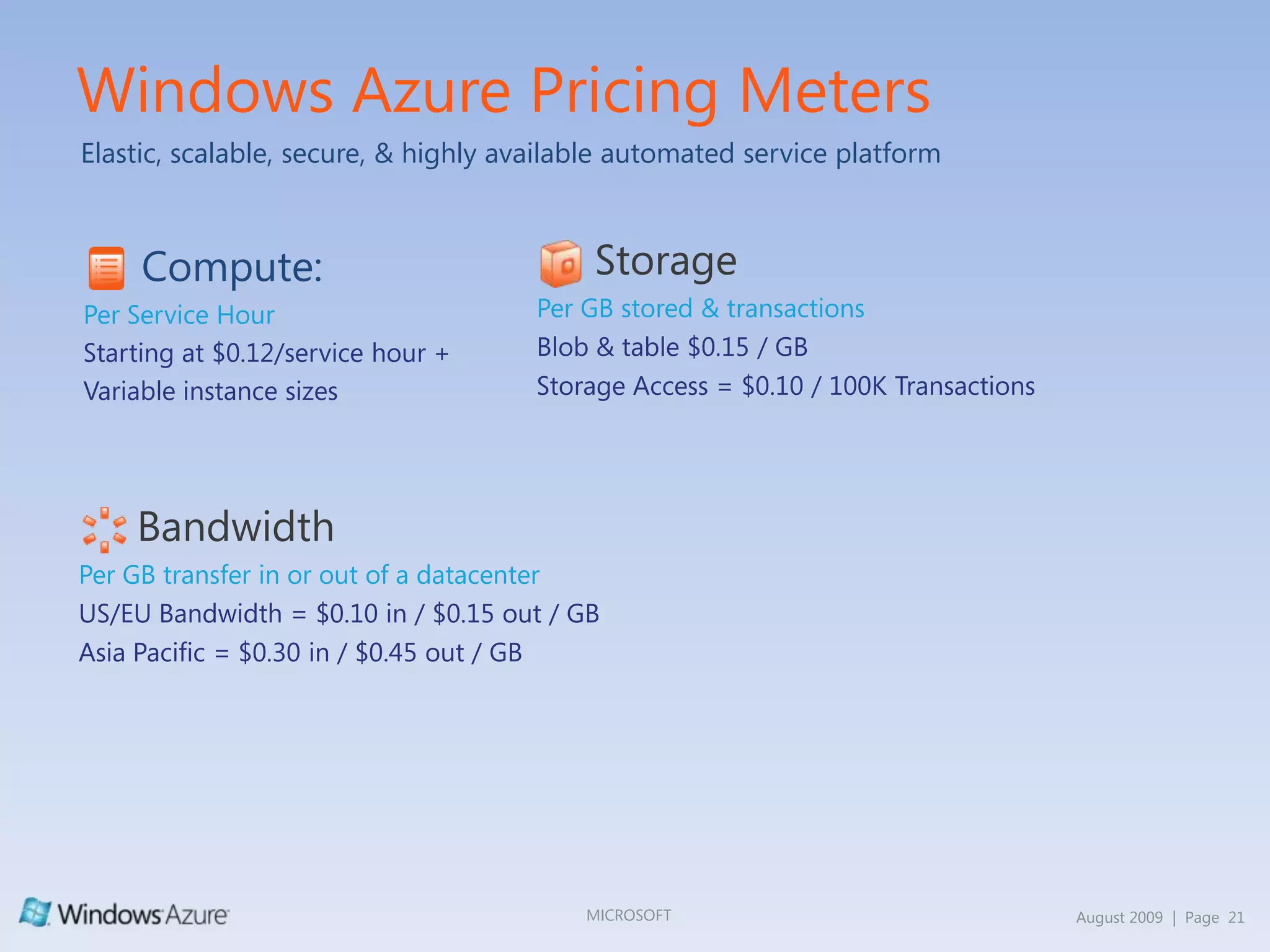 Service Management is performed by the Fabric Controller, which controls all the resources within the data center. The Fabric Controller deploys your service and monitors the overall health of the fabric.Security and Control State-of-the-art physical security processes combined with strictly controlled OS access model. Data is replicated in multiple fault domains in location selected by the customer. Virtualized Computation provides massive application scalability.  Customers can build a combination of web and worker roles. Those roles can be replicated as needed to scale the applications and computational processing power.Storage Services allow customers to scale to store large amounts of data – in any format – for any length of time, only paying for what they use or store.State-of-the-art data centers located around the world. Host your applications and data securely, accessible from everywhere you allow.Windows Azure Automates the Management of Your IT Resources