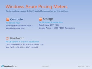 Service Management is performed by the Fabric Controller, which controls all the resources within the data center. The Fabric Controller deploys your service and monitors the overall health of the fabric.Security and Control State-of-the-art physical security processes combined with strictly controlled OS access model. Data is replicated in multiple fault domains in location selected by the customer. Virtualized Computation provides massive application scalability.  Customers can build a combination of web and worker roles. Those roles can be replicated as needed to scale the applications and computational processing power.Storage Services allow customers to scale to store large amounts of data – in any format – for any length of time, only paying for what they use or store.State-of-the-art data centers located around the world. Host your applications and data securely, accessible from everywhere you allow.Windows Azure Automates the Management of Your IT Resources