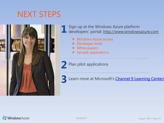 Service Management in Windows AzureGOAL: Automated application management and controlFabric: The collection of servers Multiple VMs per serverEach VM runs customized    Hypervisor Windows Server 2008Choose from four different VM sizes, based on your application needsFabric Controller performs service managementYou tell it what to do—it figures out howAutomatically scale up, scale down, update or roll application back to a previous versionSimple system management and deployment APIs =Fabric Agent