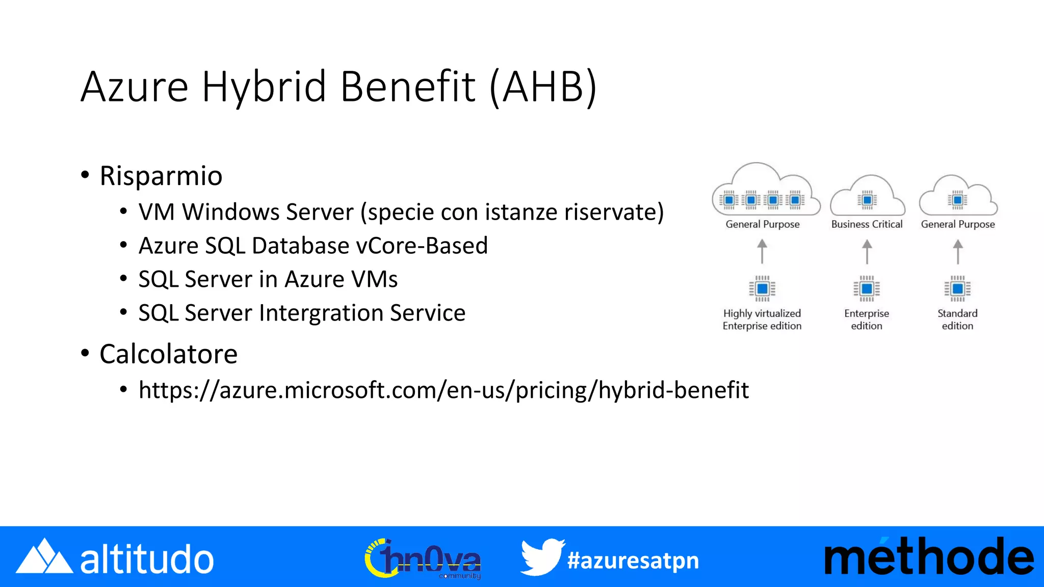 #azuresatpn
Azure Hybrid Benefit (AHB)
• Risparmio
• VM Windows Server (specie con istanze riservate)
• Azure SQL Database vCore-Based
• SQL Server in Azure VMs
• SQL Server Intergration Service
• Calcolatore
• https://azure.microsoft.com/en-us/pricing/hybrid-benefit
 
