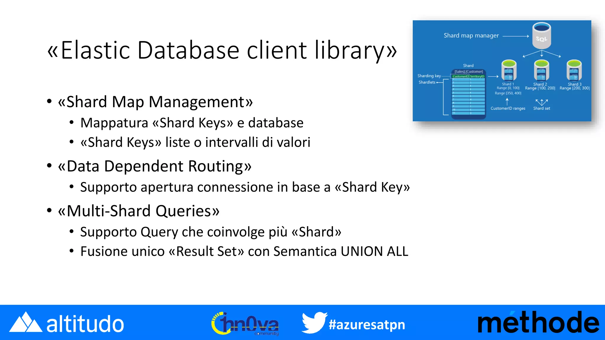 #azuresatpn
«Elastic Database client library»
• «Shard Map Management»
• Mappatura «Shard Keys» e database
• «Shard Keys» liste o intervalli di valori
• «Data Dependent Routing»
• Supporto apertura connessione in base a «Shard Key»
• «Multi-Shard Queries»
• Supporto Query che coinvolge più «Shard»
• Fusione unico «Result Set» con Semantica UNION ALL
 