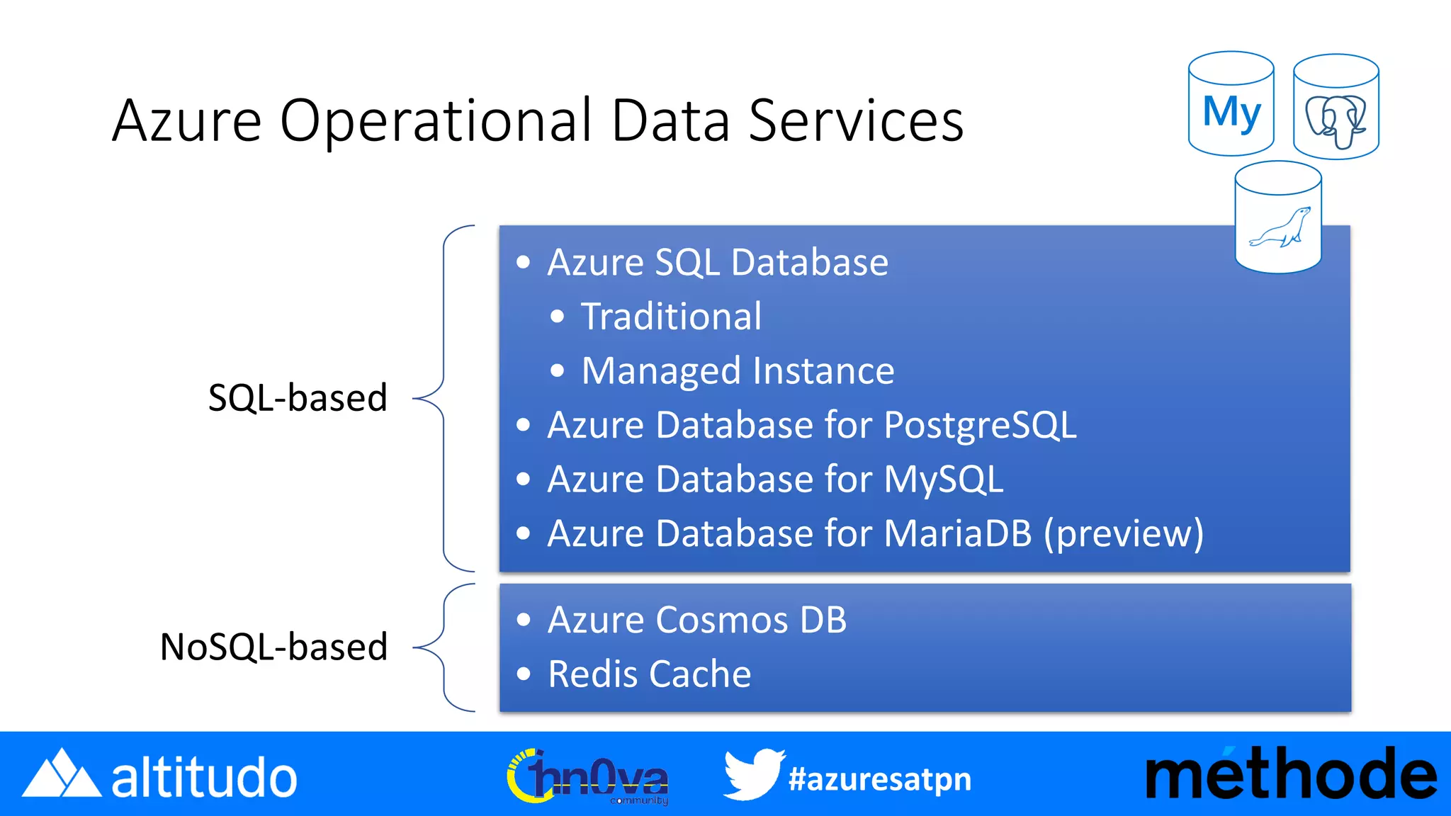 #azuresatpn
Azure Operational Data Services
SQL-based
• Azure SQL Database
• Traditional
• Managed Instance
• Azure Database for PostgreSQL
• Azure Database for MySQL
• Azure Database for MariaDB (preview)
NoSQL-based
• Azure Cosmos DB
• Redis Cache
My
 