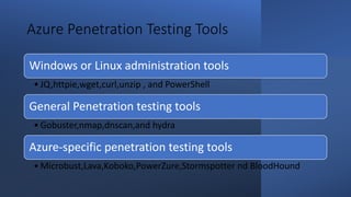Azure Penetration Testing Tools
Windows or Linux administration tools
• JQ,httpie,wget,curl,unzip , and PowerShell
General Penetration testing tools
• Gobuster,nmap,dnscan,and hydra
Azure-specific penetration testing tools
• Microbust,Lava,Koboko,PowerZure,Stormspotter nd BloodHound
 