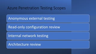 Azure Penetration Testing Scopes
Anonymous external testing
Read-only configuration review
Internal network testing
Architecture review
 