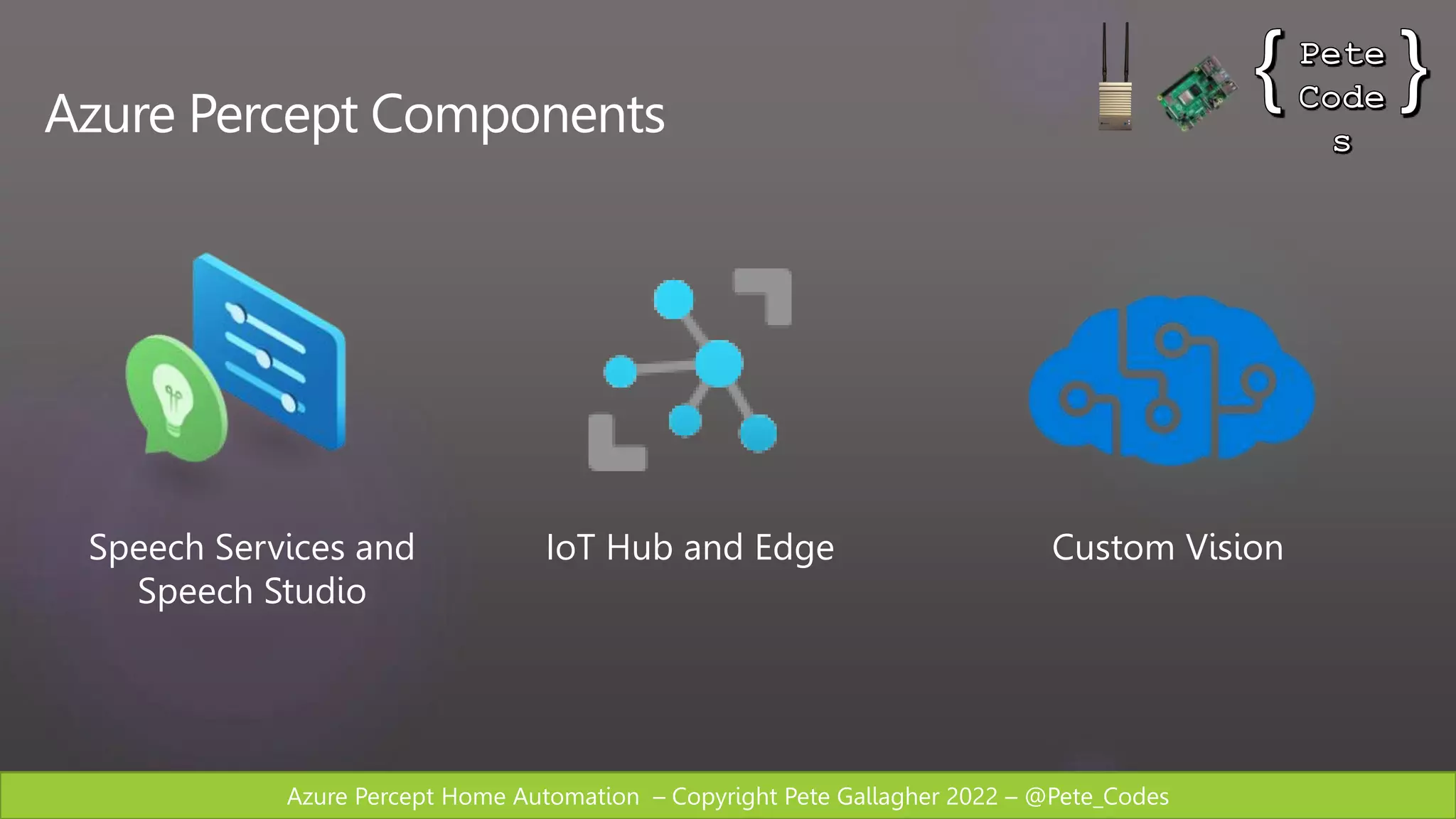 Azure Percept Home Automation – Copyright Pete Gallagher 2022 – @Pete_Codes
Azure Percept Components
IoT Hub and Edge
Speech Services and
Speech Studio
Custom Vision
 