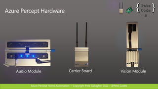 Azure Percept Home Automation C Copyright Pete Gallagher 2022 C @Pete_Codes
Azure Percept Hardware
Vision Module
Carrier Board
Audio Module
 